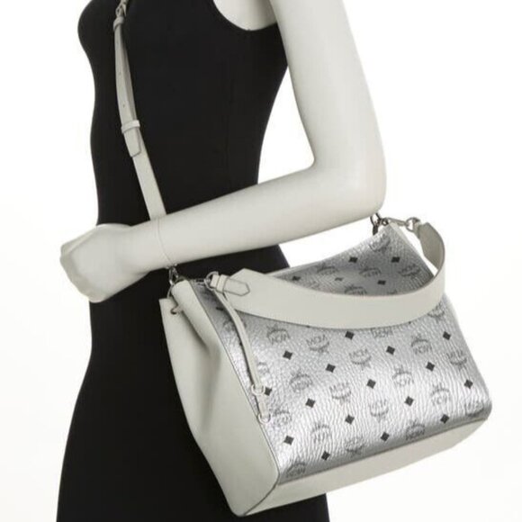 NWT MCM Aren Silver Visetos Leather Hobo Shoulder Crossbody Bag - Picture 7 of 8